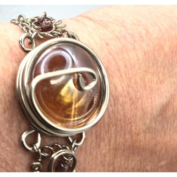 Vintage Silver Tone Bracelet w/ Large Amber Glass Cabochon Purple Glass Accents - Picture 5 of 6